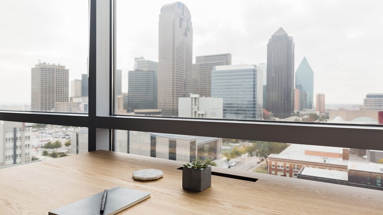 Large windows ensure that each office has plenty of natural light — and views of downtown Dallas.