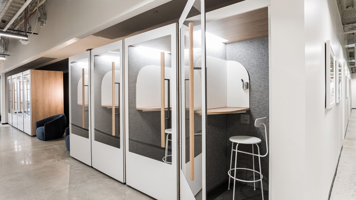 Phone booths create a convenient spot for calls, virtual meetings, and focus work.
