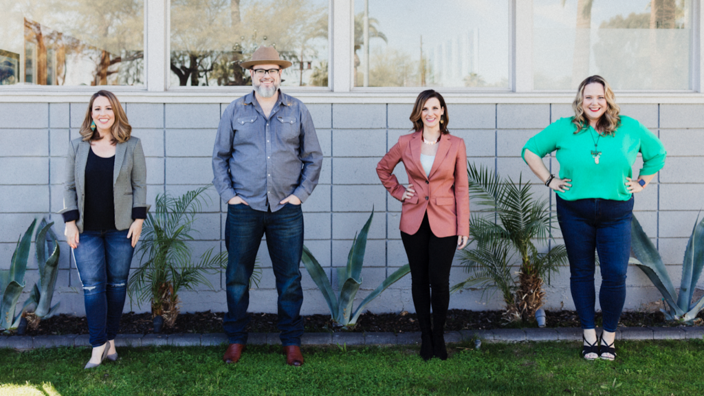 From left, Root and River’s Jennifer Lawhead, Chief of Story; Justin Foster, co-founder and CRO; Emily Soccorsy, co-founder and CEO; and Cat Weise, Chief of Staff. (Jean Laninga)