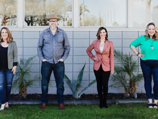 From left, Root and River’s Jennifer Lawhead, Chief of Story; Justin Foster, co-founder and CRO; Emily Soccorsy, co-founder and CEO; and Cat Weise, Chief of Staff. (Jean Laninga)
