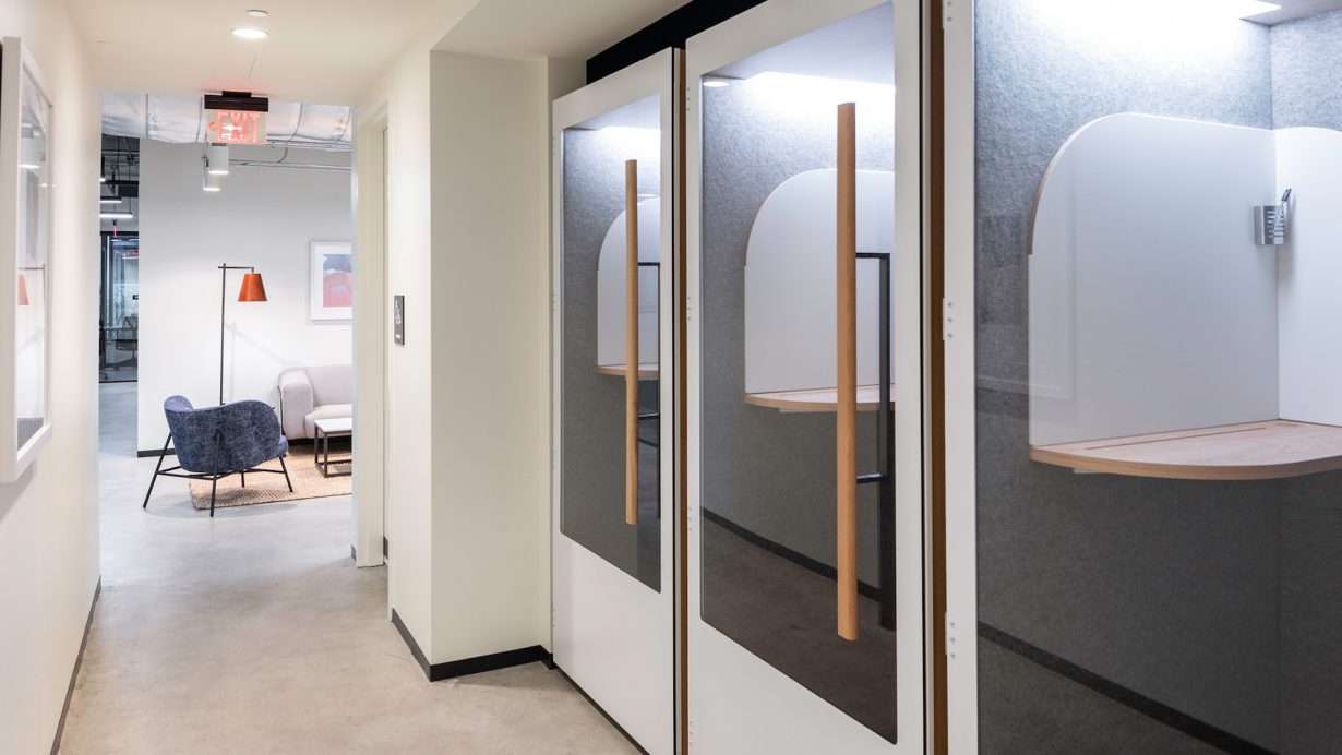 Soundproof phone booths are a convenient place for focus work and private calls.