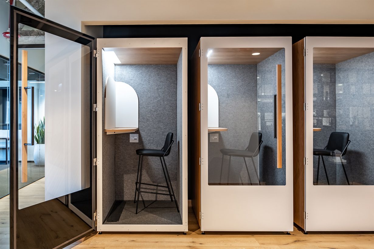 ROOM’s soundproof phone booths are available for private calls and heads-down work.