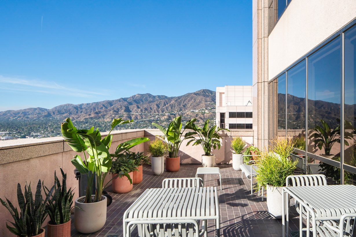 Members can enjoy panoramic views of the Verdugo Mountains from Industrious Downtown Glendale’s rooftop terrace.