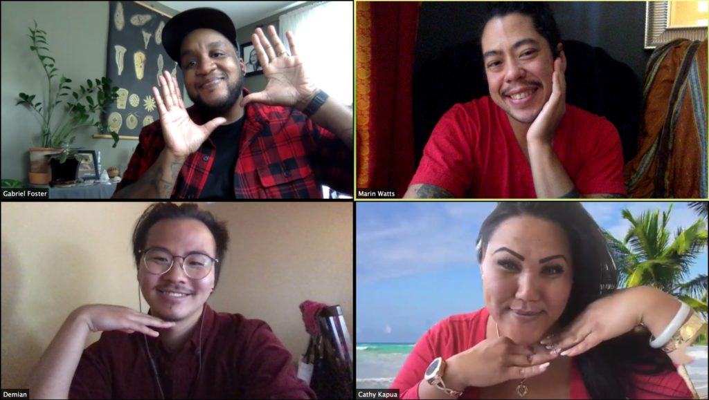 Trans Justice Funding Project staff members meet virtually (clockwise from top left): Gabriel Foster, Co-Founder and Executive Director; Marin Watts, Director of Operations and Communications; Demian Yoon, Database and Communications Coordinator; and Deputy Director Cathy Kapua.