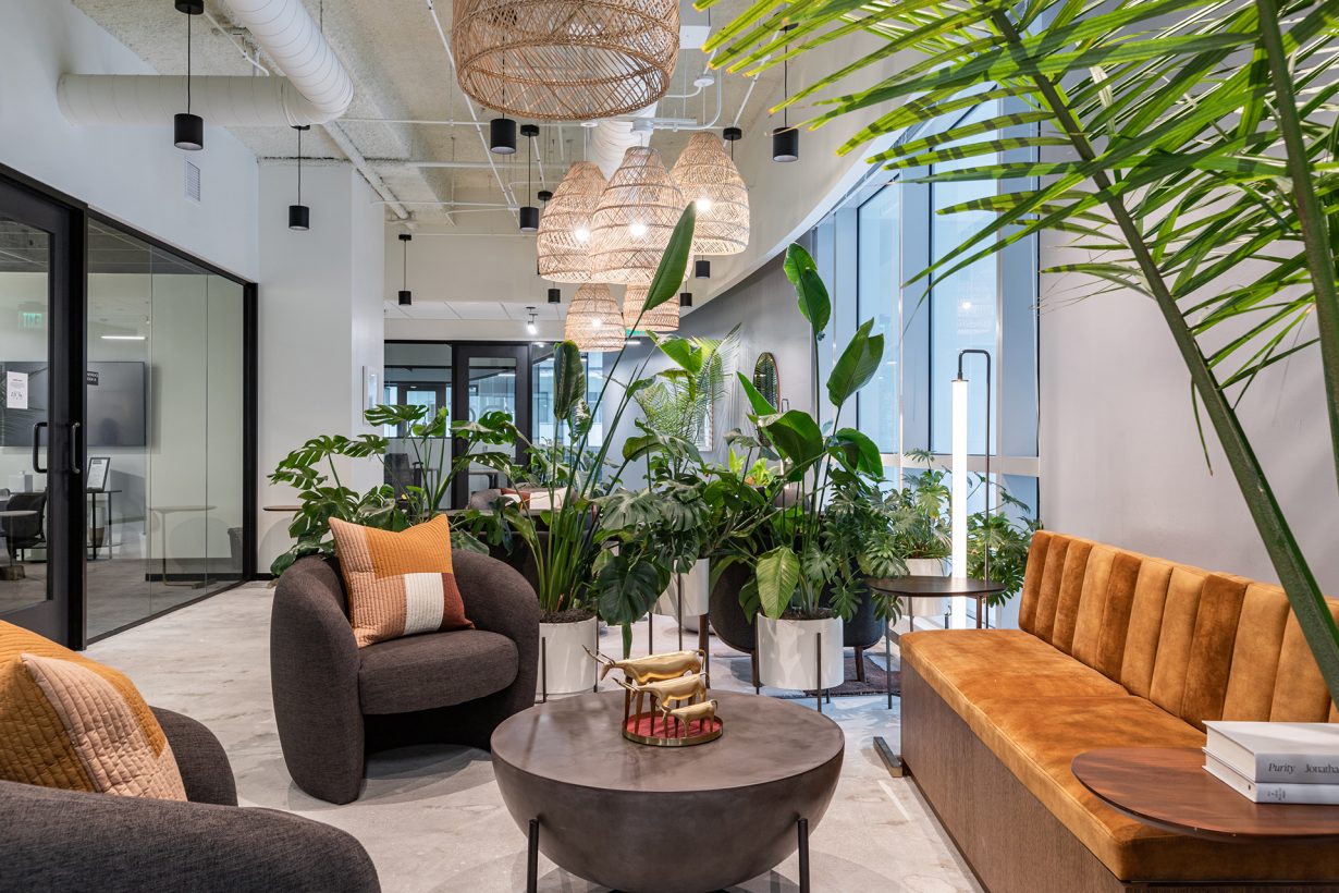 Palms and natural materials create an inviting member lounge at Industrious Brickell.