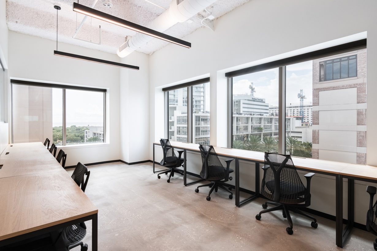 Suites at Industrious 200 Central Ave. afford views of downtown Tampa.