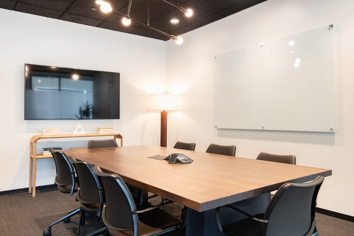 Members can book conference rooms like this one, which come equipped for presentations or video calls.