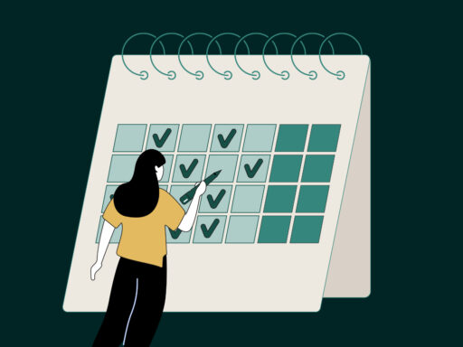 An illustrated depiction of a hybrid work schedule, featuring a woman checking off the days on a calendar when she plans on attending work in the office.