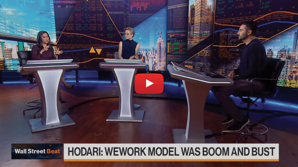 Industrious CEO Jamie Hodari on the set of Bloomberg Markets with Anchor Alix Steel and Bloomberg reporter Sonali Basak, discussing the future of flexible work in the wake of the recent WeWork bankruptcy announcement.